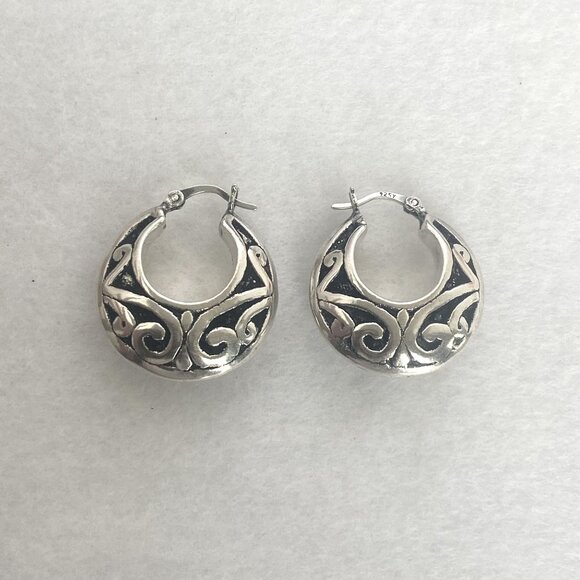Sterling Silver 925 1" Scrollwork Bali Style Chunky Hoop Earrings Hinged Post - Picture 4 of 16